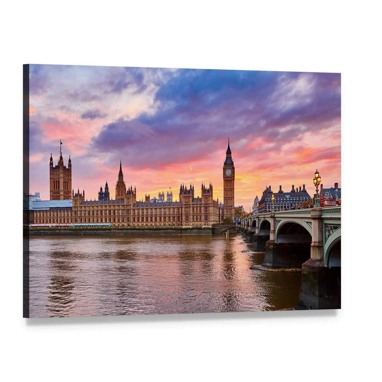 River Thames Sunset with Big Ben Canvas Wall Art, single panel gallery wrapped canvas, angled product view