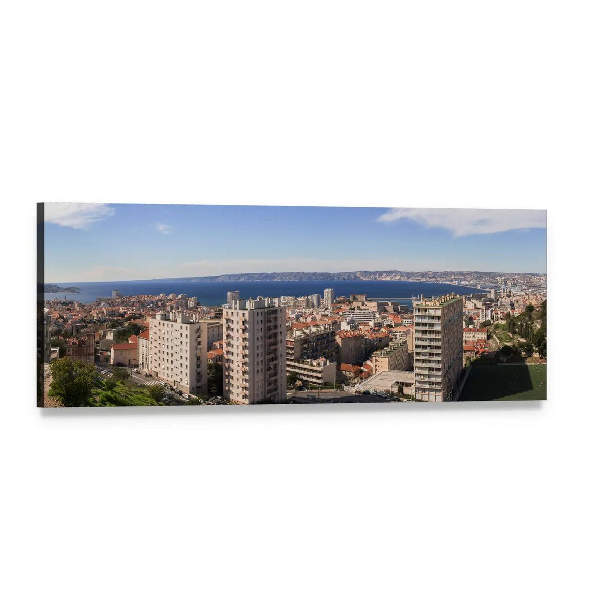 Coastal City Skyline Over Bay Panoramic Canvas Wall Art, single panel gallery wrapped canvas, angled product view