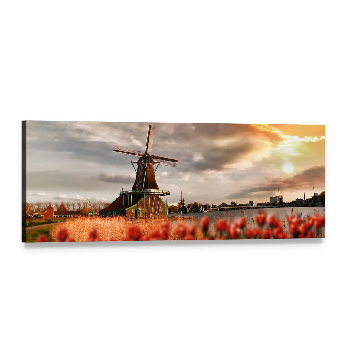 Dutch Windmill Among Red Flowers Panoramic Canvas Wall Art, single panel gallery wrapped canvas, angled product view