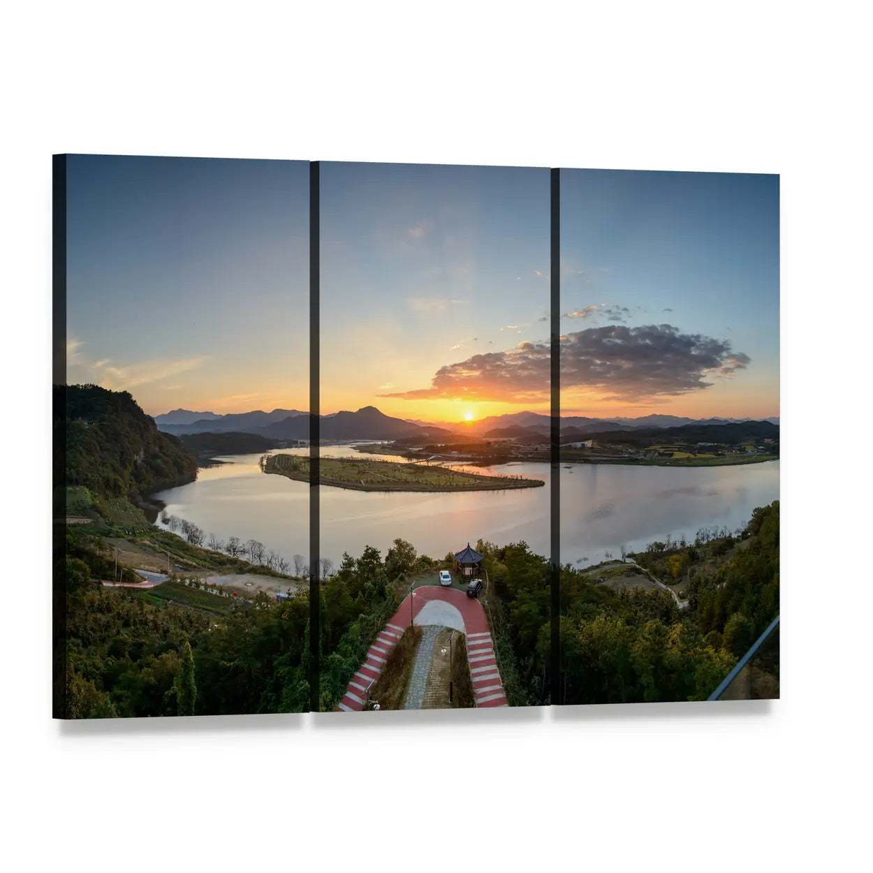 River Island Sunset with Red Path Canvas Wall Art, 3 panel 3 Horizontal layout gallery wrapped canvas set, angled product view