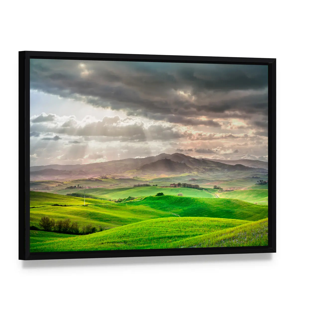 Tuscany Rolling Hills Farm Canvas Wall Art, framed canvas in a black floater frame, angled product view