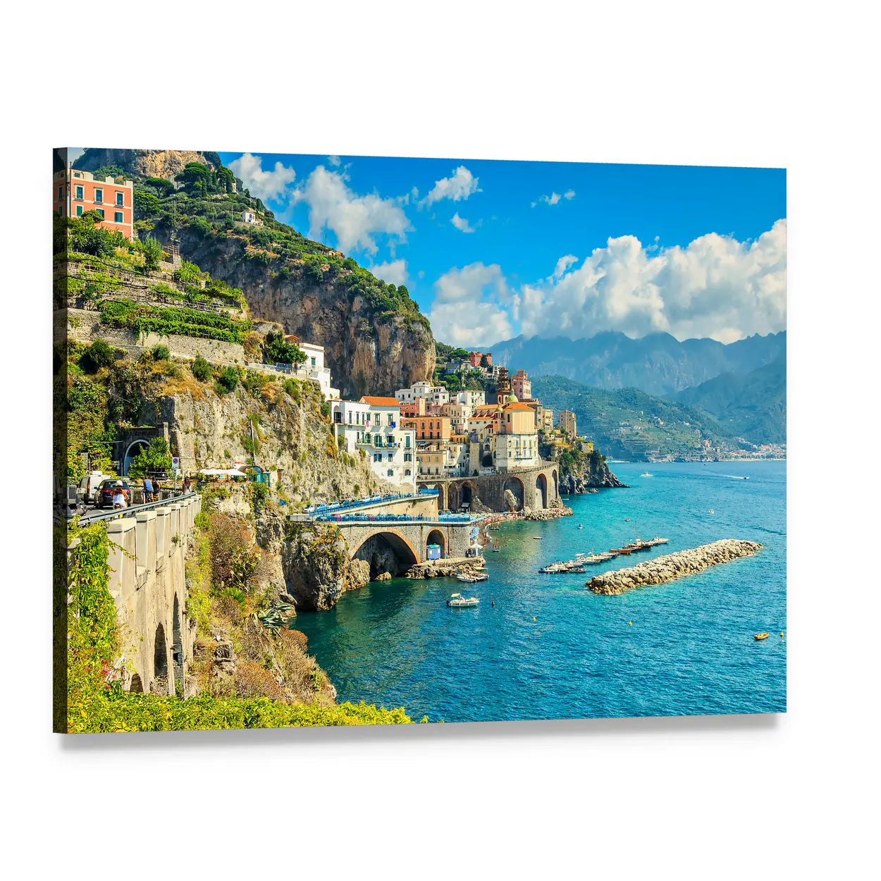 Cliffside Coastal Village with Arched Bridge Canvas Wall Art, single panel gallery wrapped canvas, angled product view