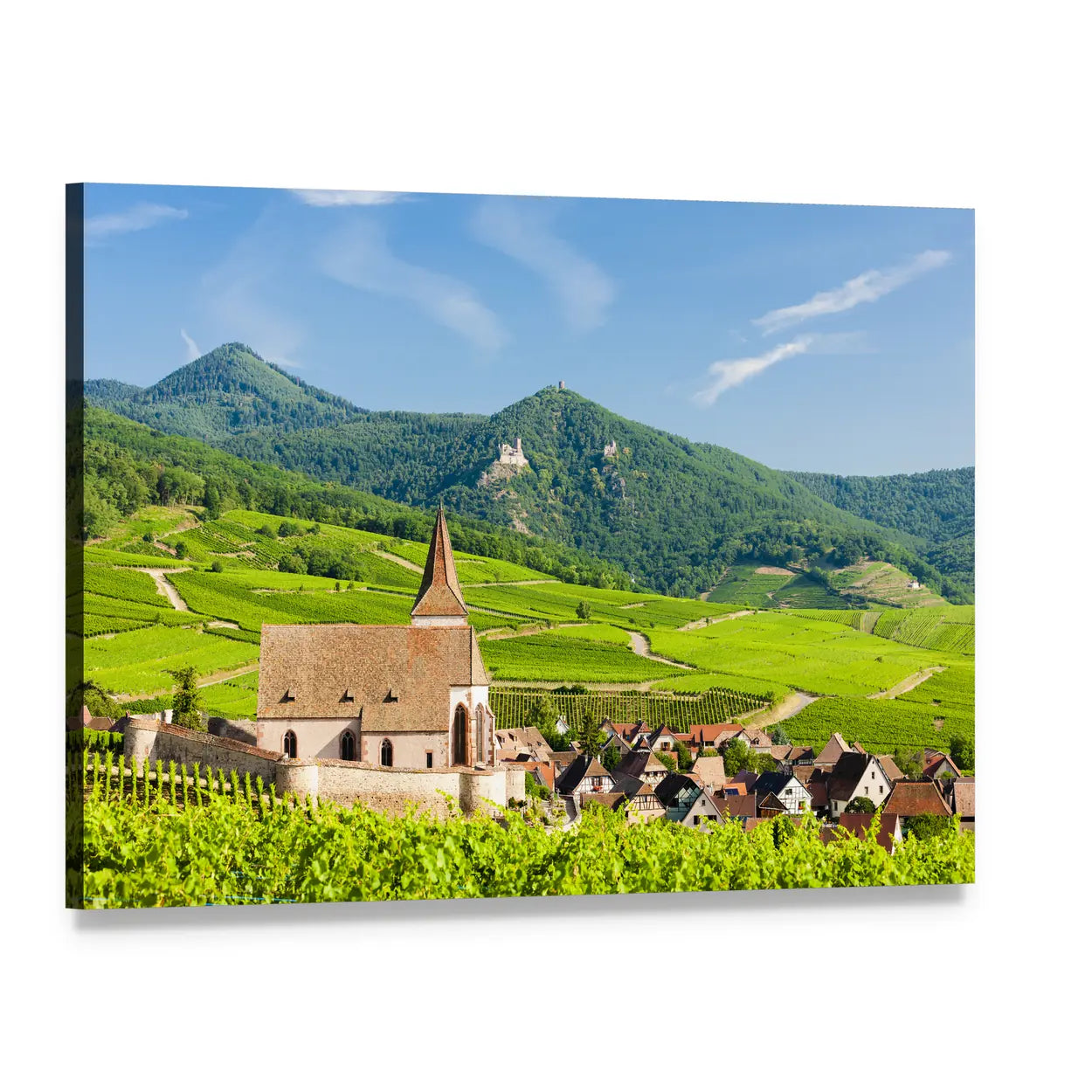 Hunawihr Village with Vineyard and Church Canvas Wall Art, single panel gallery wrapped canvas, angled product view