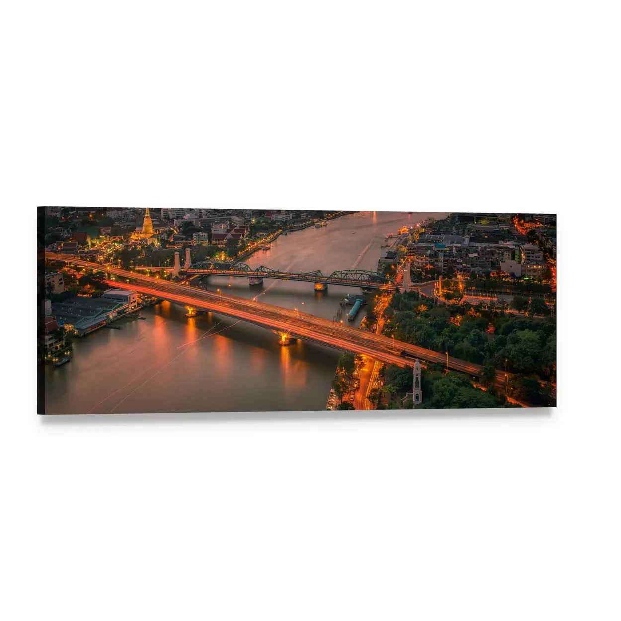 Vintage Bridge with Glowing Streetlights Panoramic Canvas Wall Art, single panel gallery wrapped canvas, angled product view