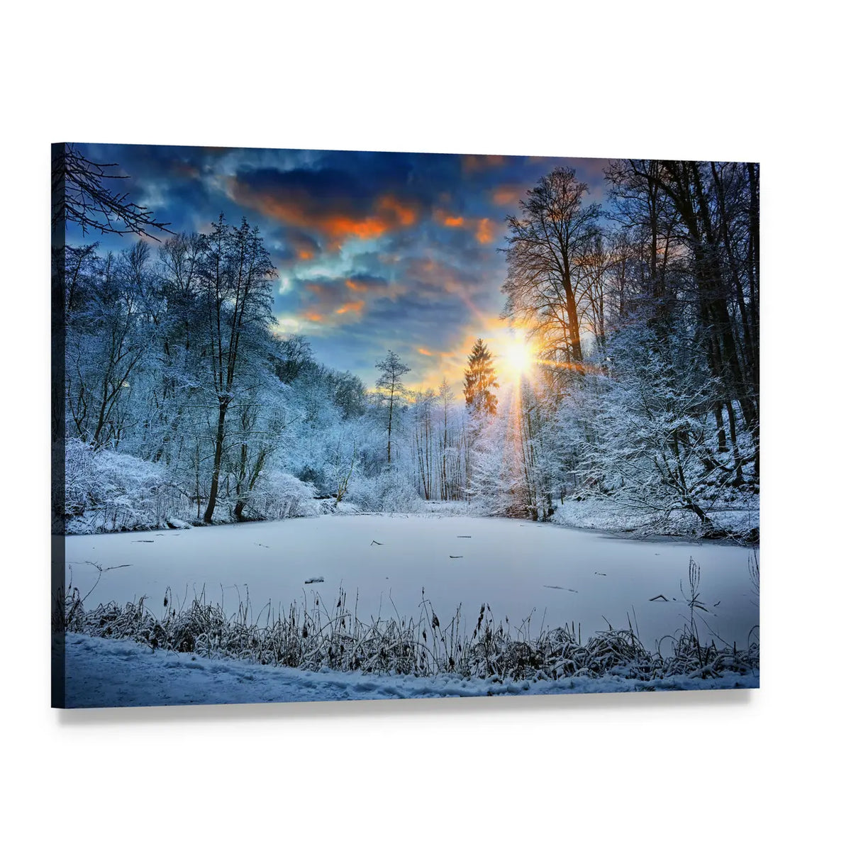 Spectacular Sunset Over Winter Forest Lake Canvas Wall Art, single panel gallery wrapped canvas, angled product view