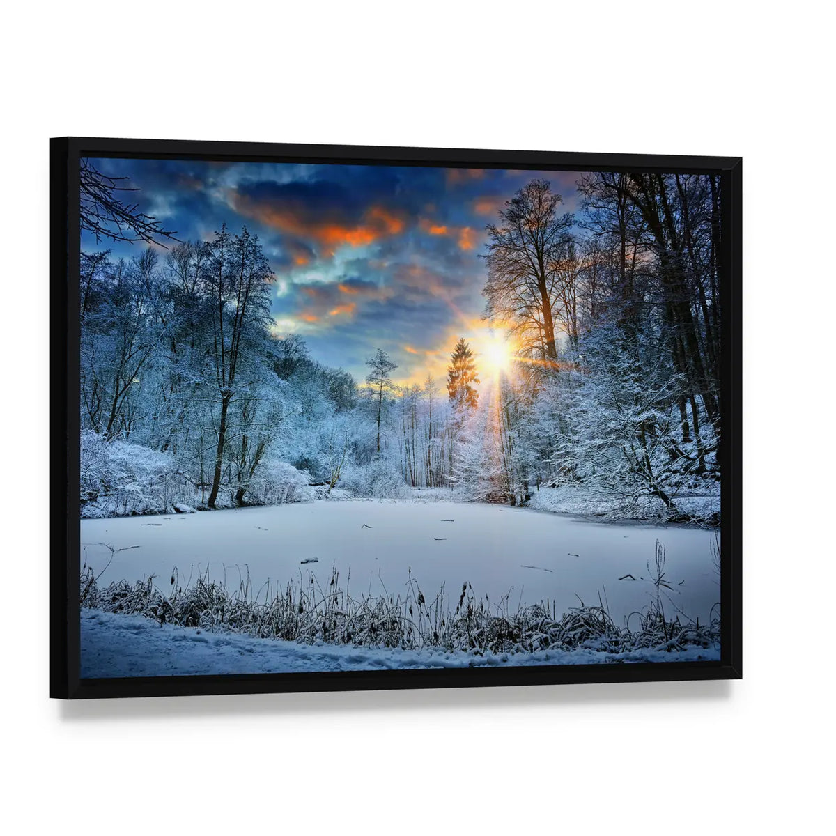 Spectacular Sunset Over Winter Forest Lake Canvas Wall Art, framed canvas in a black floater frame, angled product view