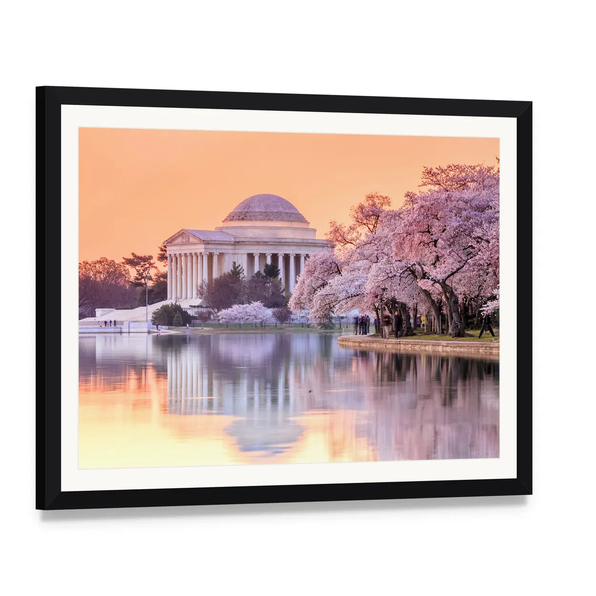 Jefferson Memorial in Spring Canvas Wall Art, framed print with white mat and black frame, angled product view