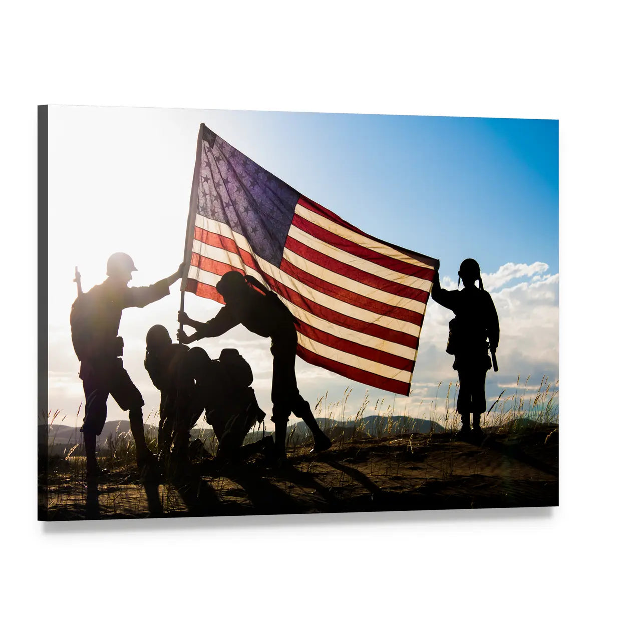 Wwii Soldiers with American Flag Canvas Wall Art, single panel gallery wrapped canvas, angled product view