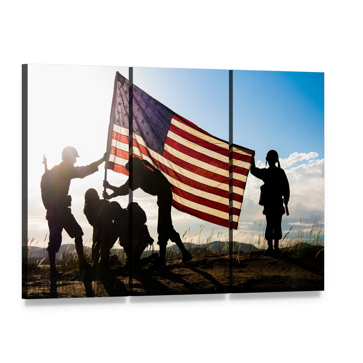 Wwii Soldiers Raising the American Flag Canvas Wall Art, 3 panel 3 Horizontal layout gallery wrapped canvas set, angled product view