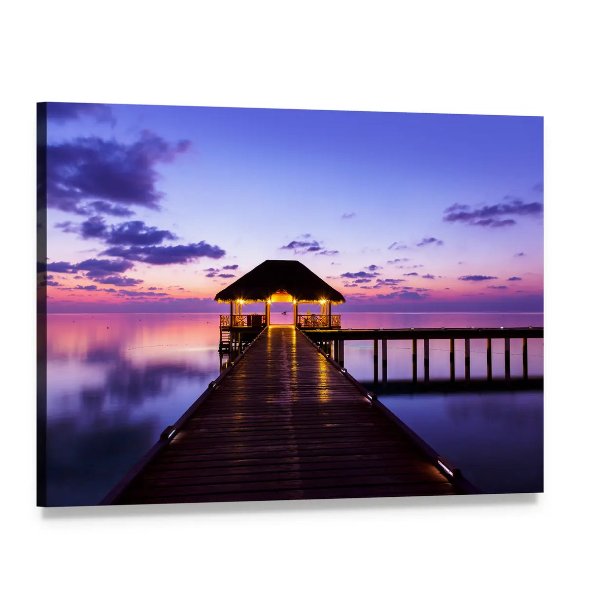 Maldives Water Cafe at Sunset Canvas Wall Art, single panel gallery wrapped canvas, angled product view