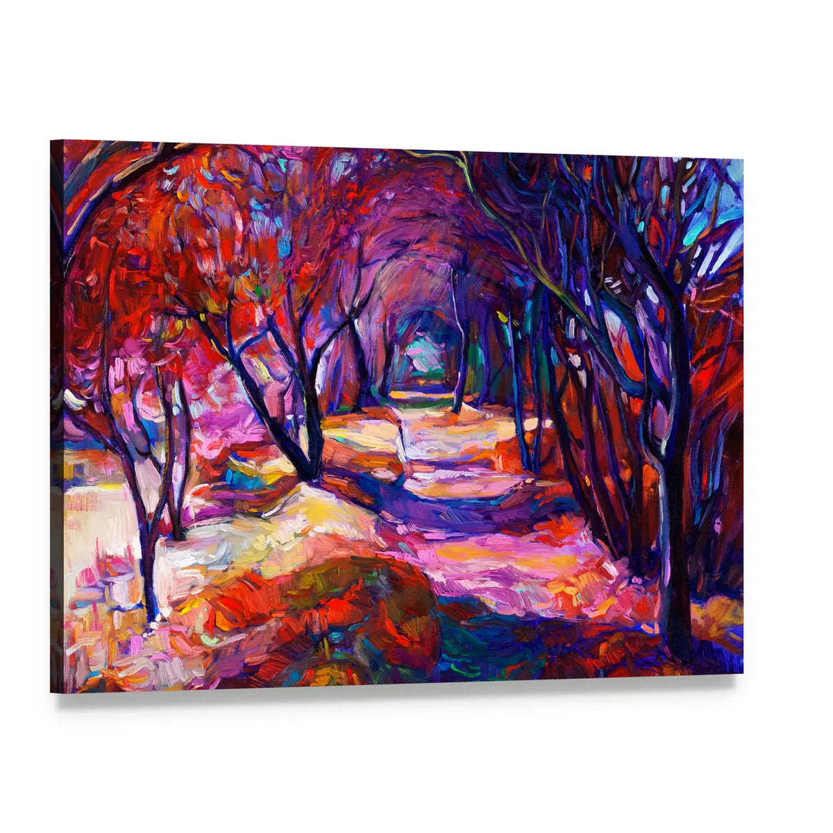 Sunlit Forest Path Canvas Wall Art, single panel gallery wrapped canvas, angled product view