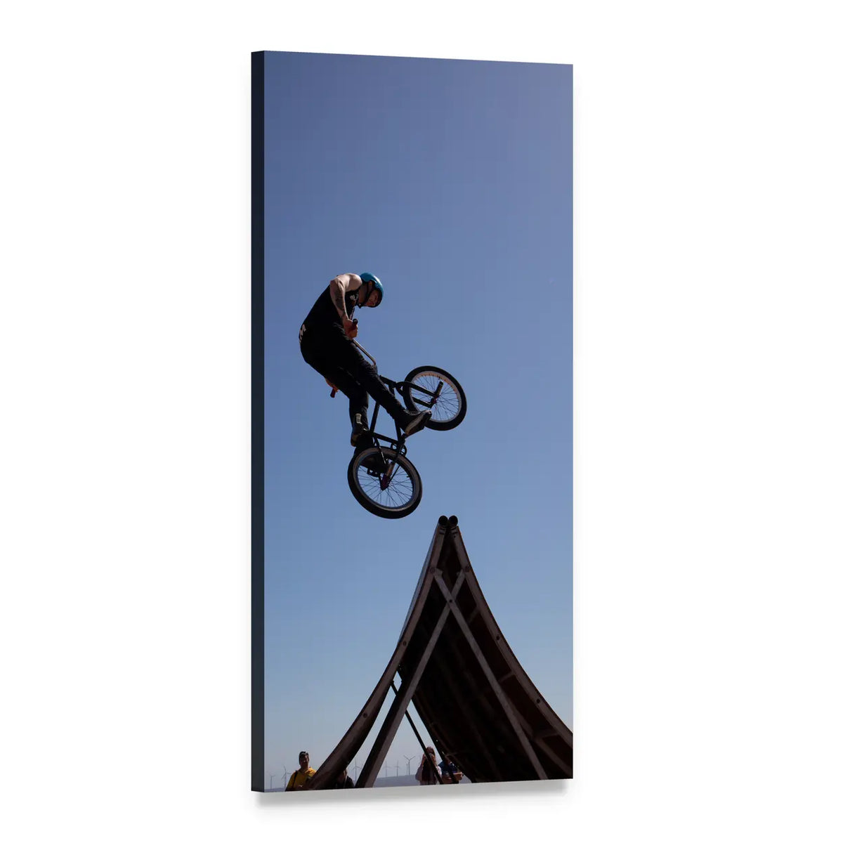 Bmx Rider on Wooden Ramp Vertical Canvas Wall Art, 1 panel 1 Vertical layout gallery wrapped canvas set, angled product view