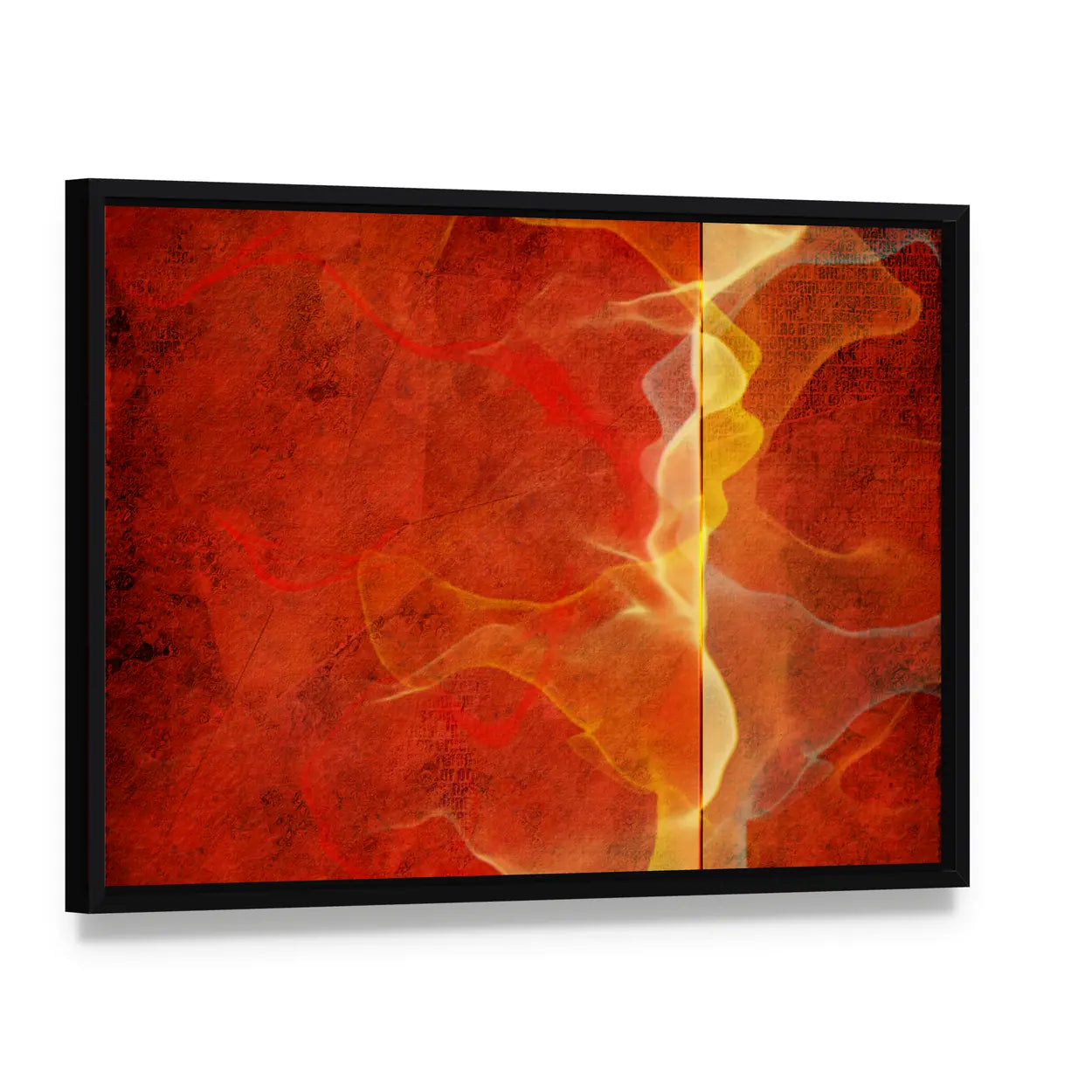 Fiery Marble Abstract in Red and Gold Canvas Wall Art, framed canvas in a black floater frame, angled product view