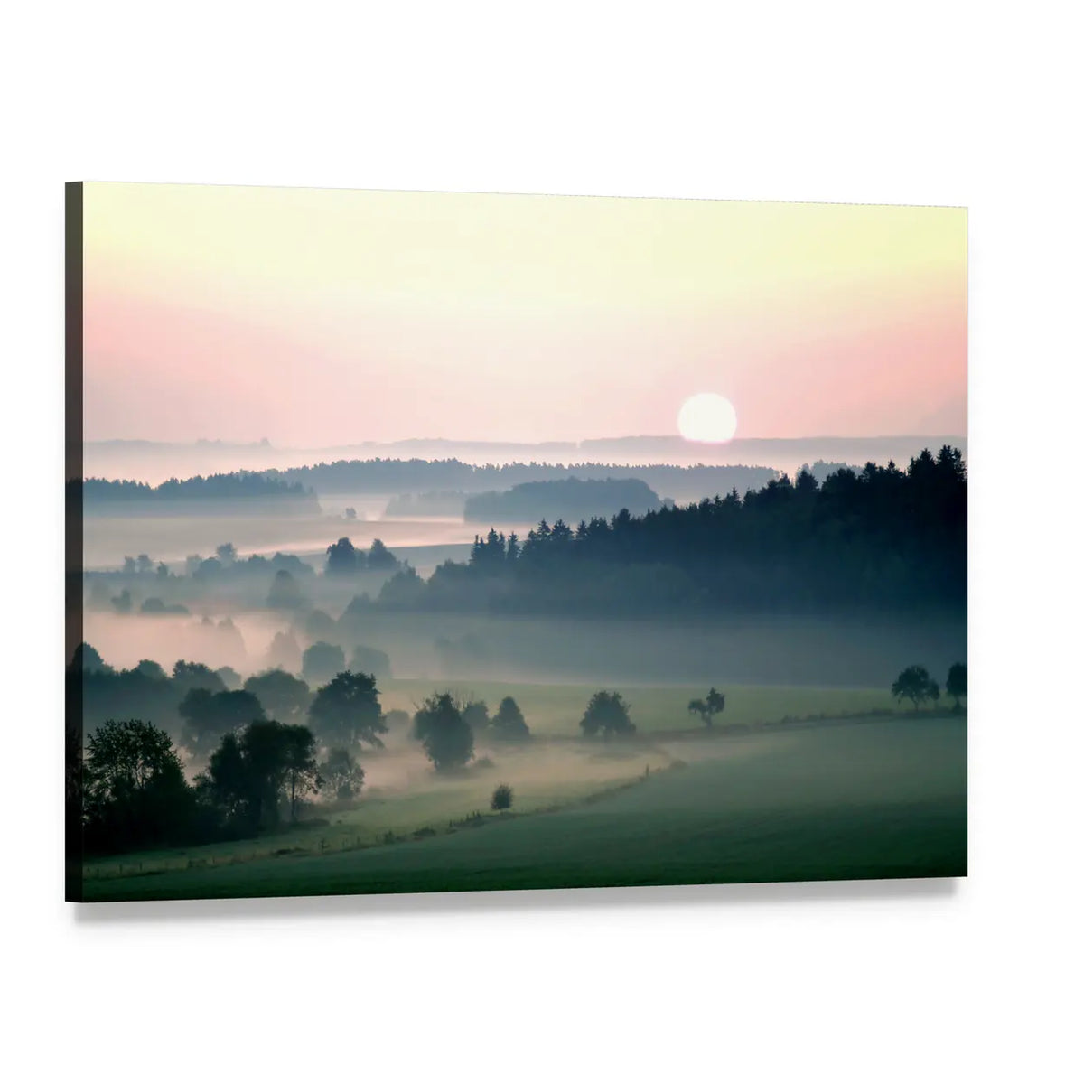 Misty Sunrise Over Layered Hills Canvas Wall Art, single panel gallery wrapped canvas, angled product view