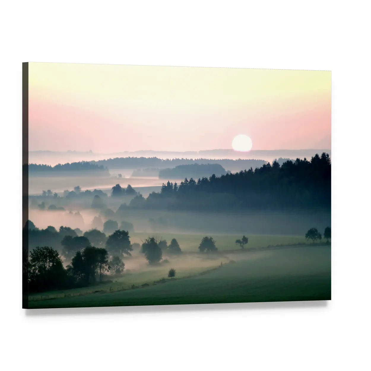 Misty Sunrise Over Layered Hills Canvas Wall Art, single panel gallery wrapped canvas, angled product view