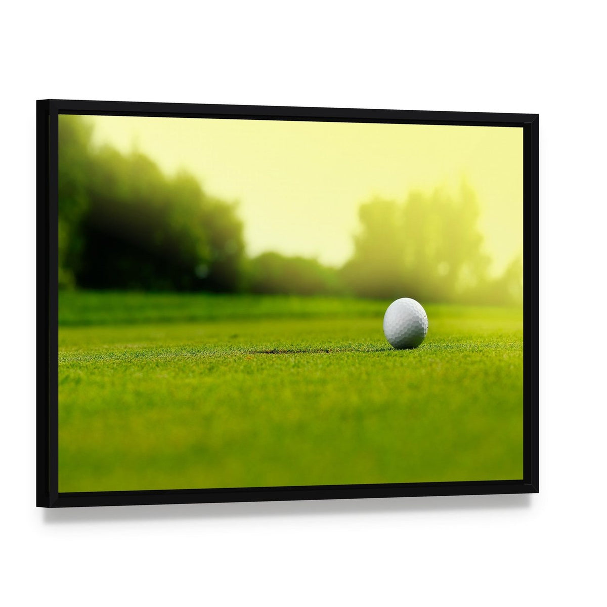 Golf Ball in the Hole Canvas Wall Art, framed canvas in a black floater frame, angled product view