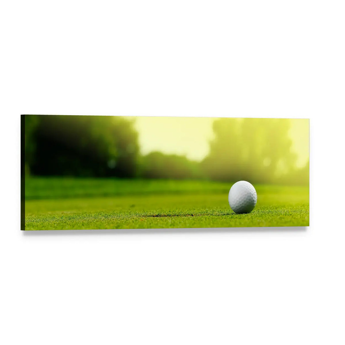 Golf Ball in the Hole Panoramic Canvas Wall Art, single panel gallery wrapped canvas, angled product view