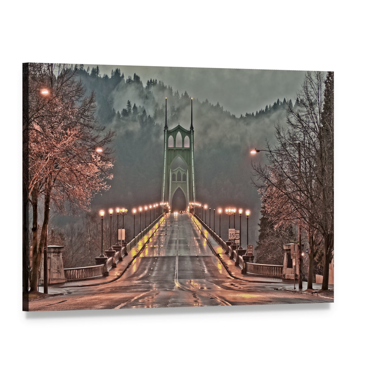 Foggy Bridge with Wet Road Canvas Wall Art, single panel gallery wrapped canvas, angled product view