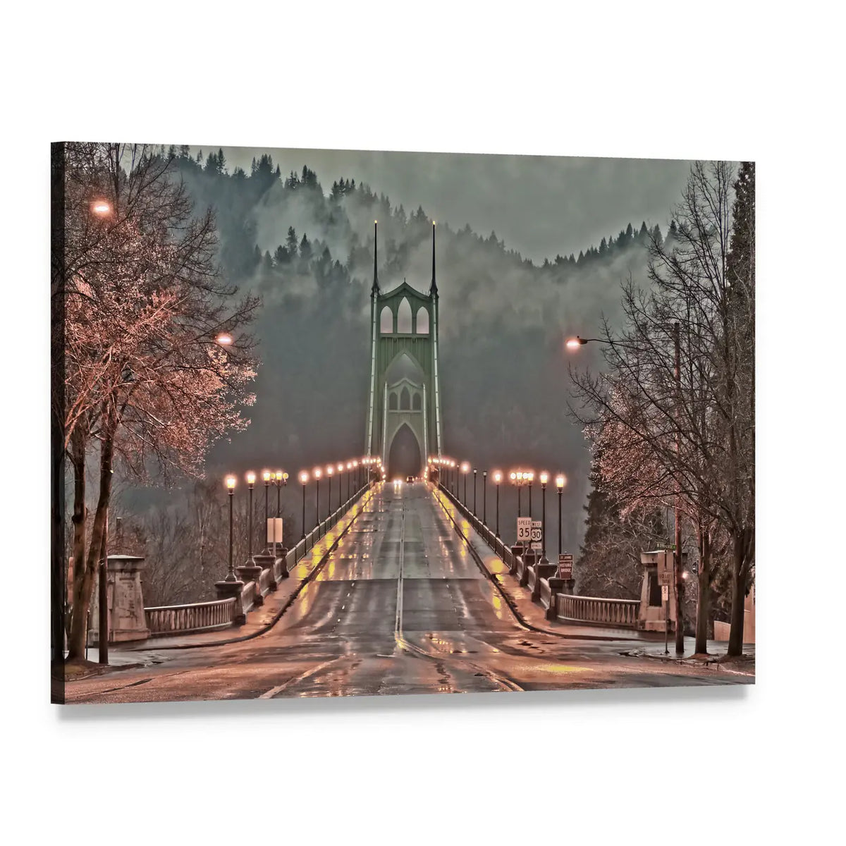 St Johns Bridge Foggy Morning Canvas Wall Art, single panel gallery wrapped canvas, angled product view