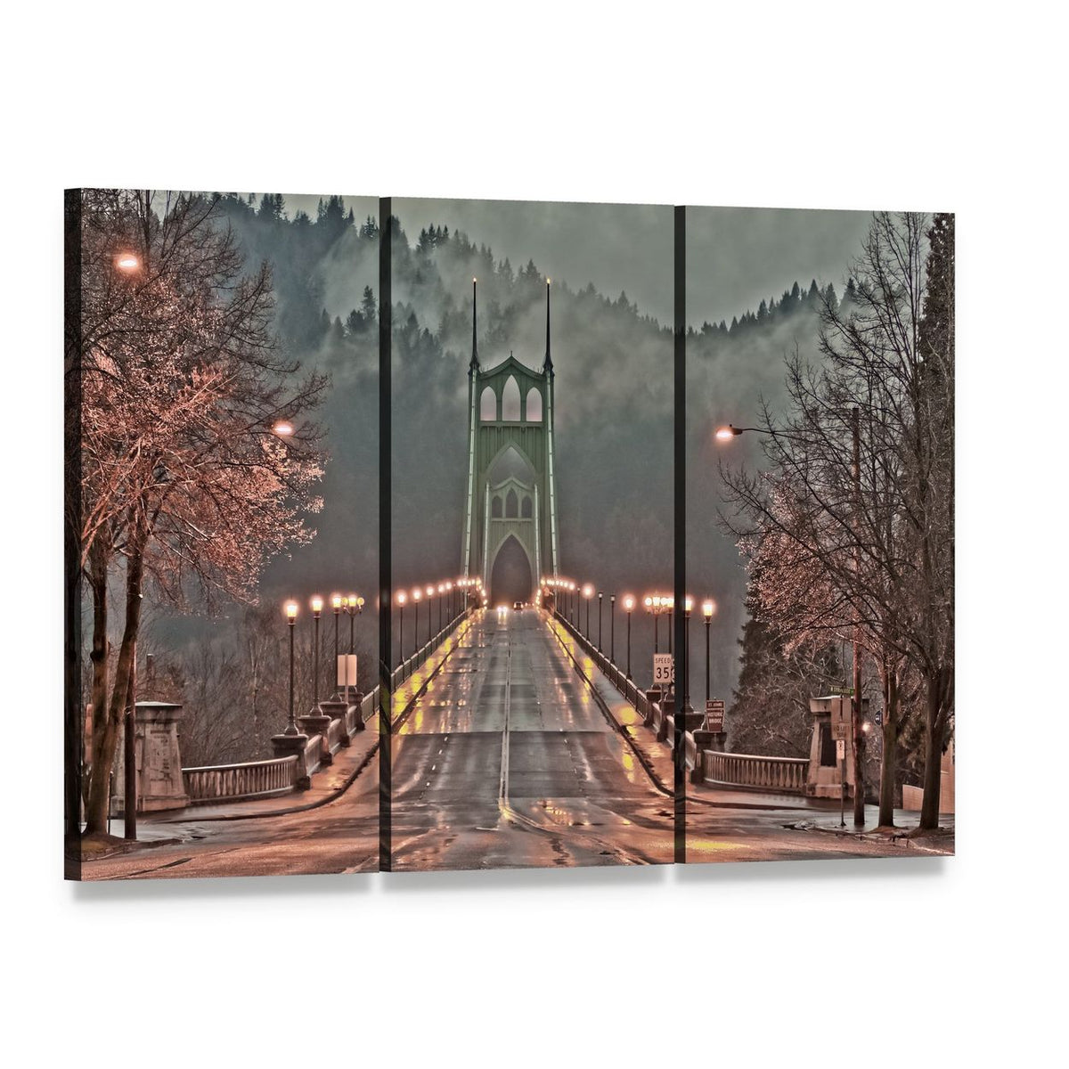 Foggy Bridge with Wet Road Canvas Wall Art, 3 panel 3 Horizontal layout gallery wrapped canvas set, angled product view