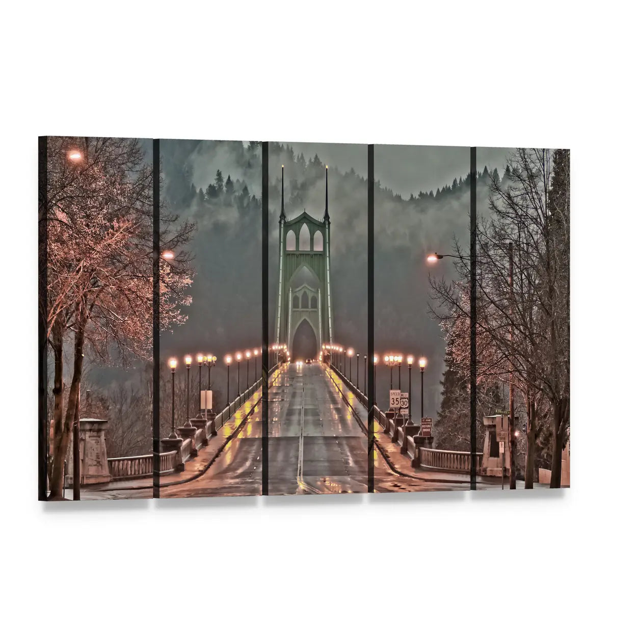 St Johns Bridge Foggy Morning Canvas Wall Art, 5 panel 5 Horizontal layout gallery wrapped canvas set, angled product view