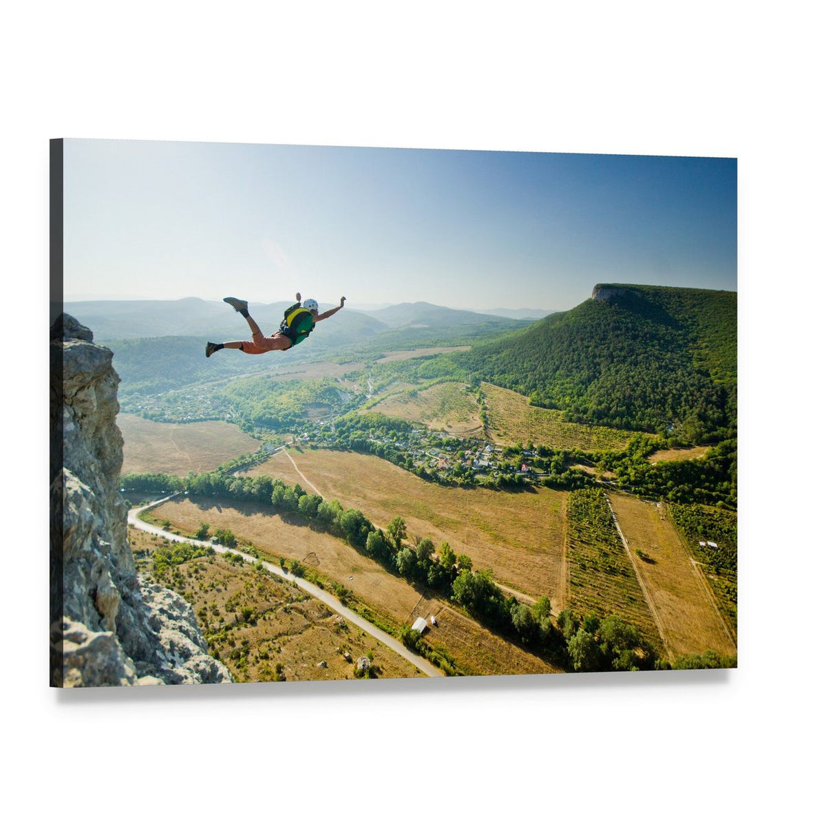 Base Jumper Leaping Over Valley Canvas Wall Art, single panel gallery wrapped canvas, angled product view