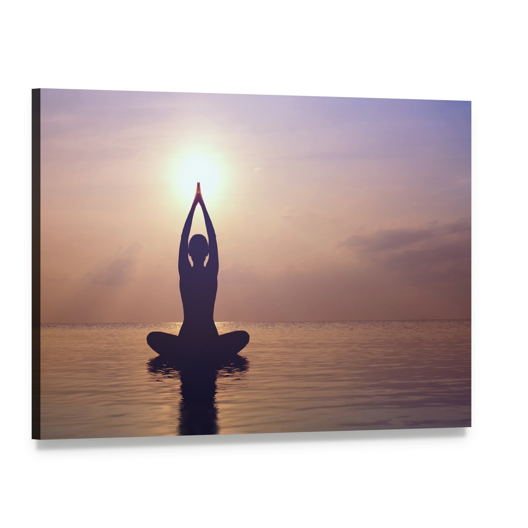 Silhouette Young Woman Practicing Yoga on the Beach at Sunset Canvas Wall Art, single panel gallery wrapped canvas, angled product view