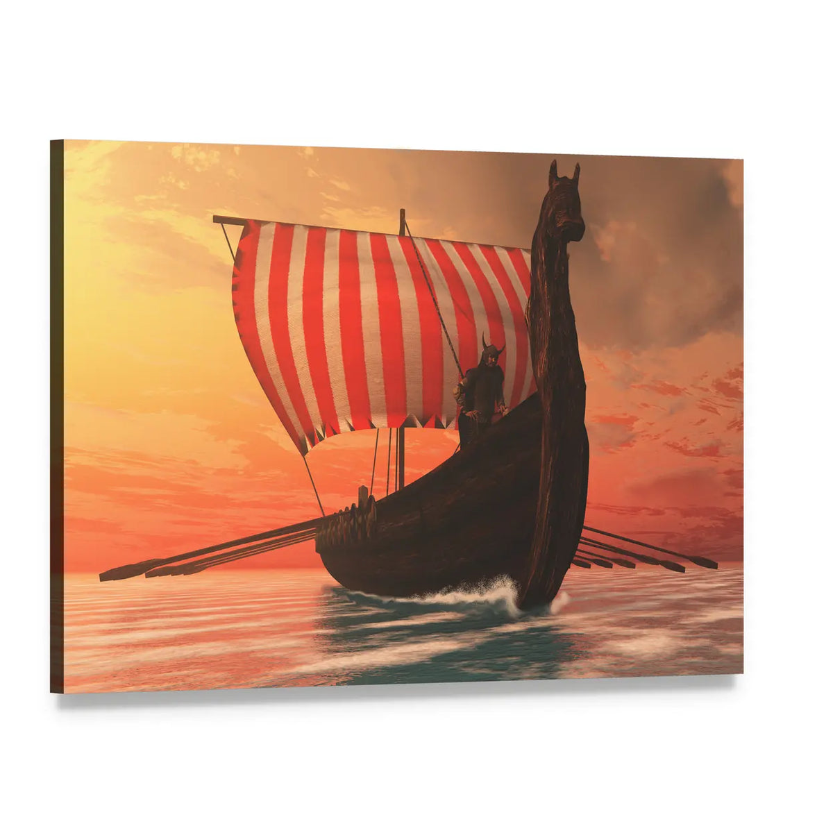 Viking Longship at Sunset Canvas Wall Art, single panel gallery wrapped canvas, angled product view