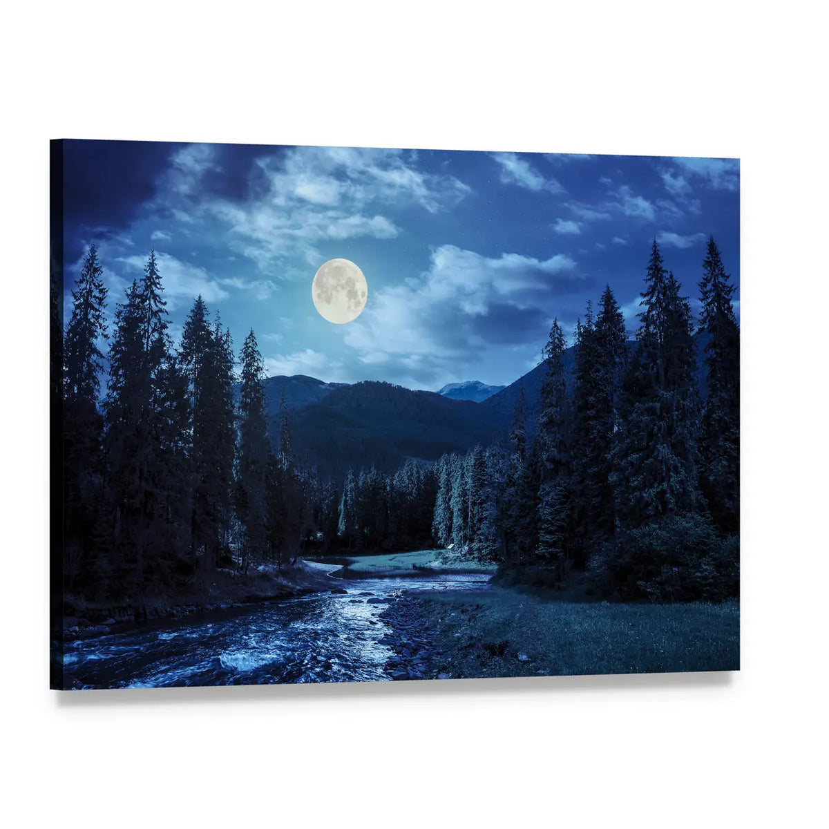 Moonlit Pine Forest and Mountain River Canvas Wall Art, single panel gallery wrapped canvas, angled product view