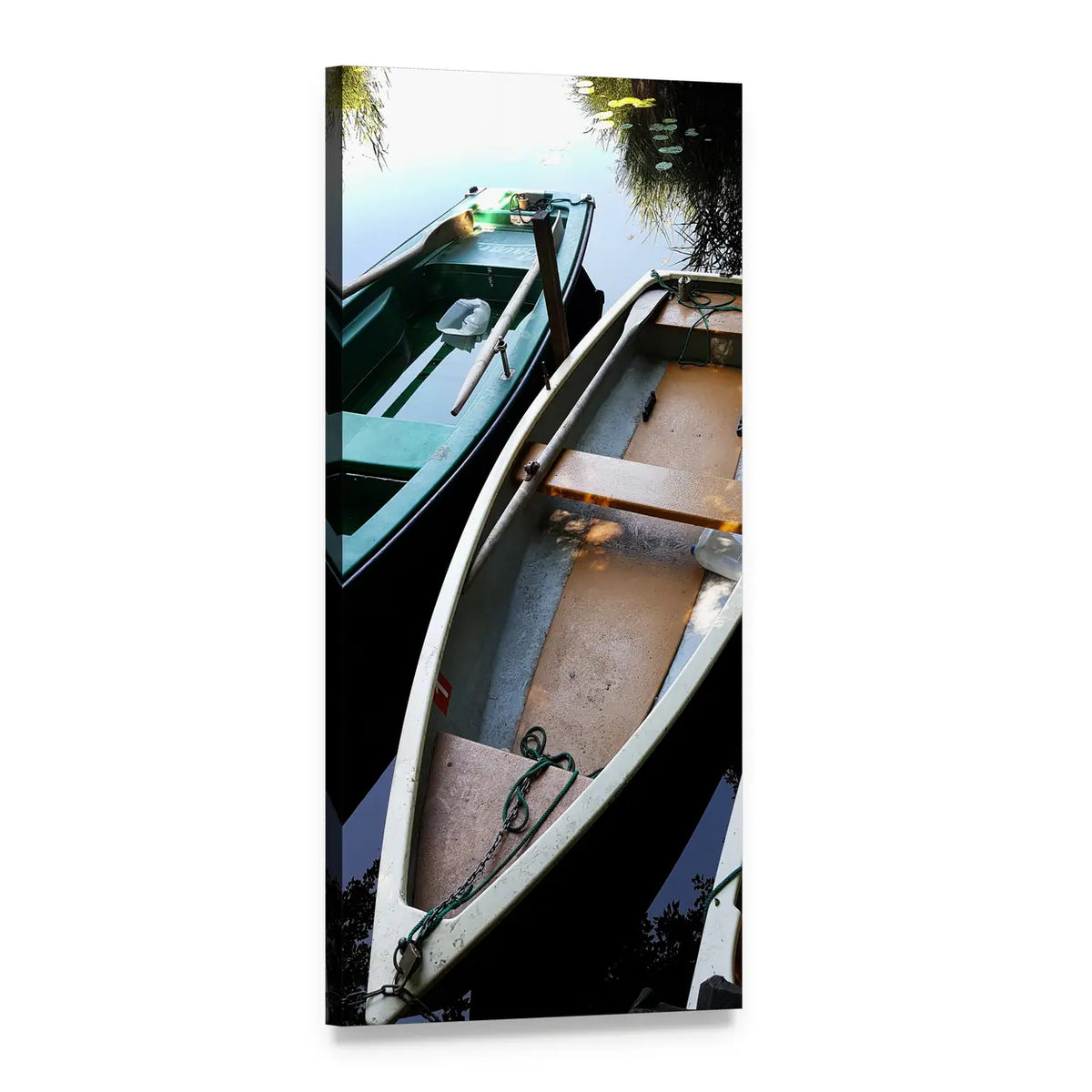 Two Rowboats on Calm Lake Vertical Canvas Wall Art, 1 panel 1 Vertical layout gallery wrapped canvas set, angled product view