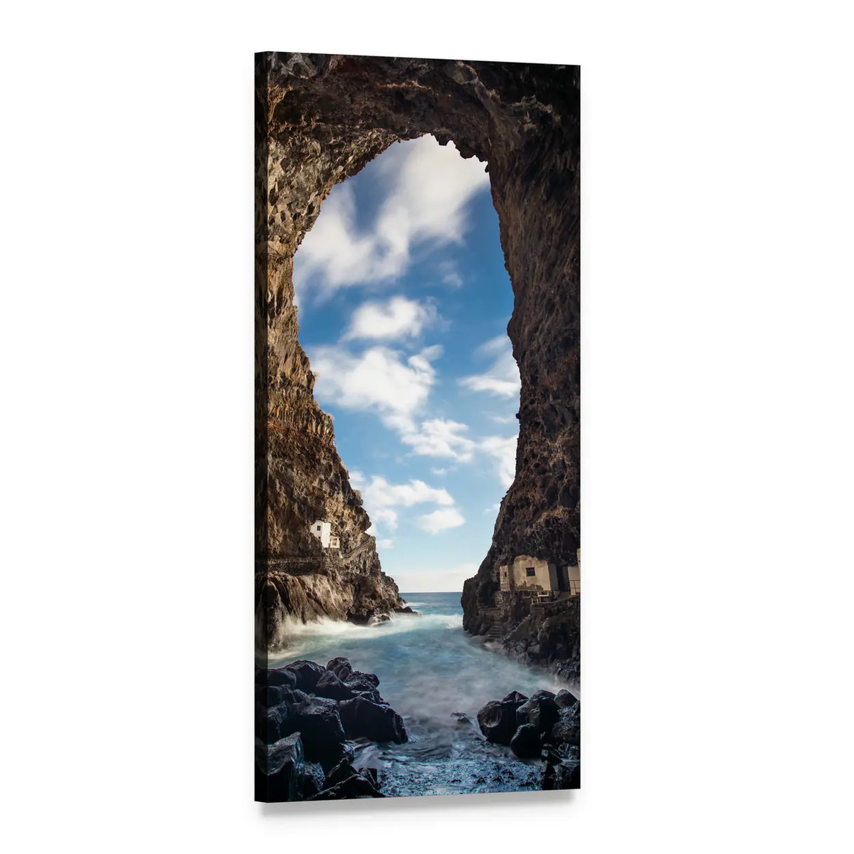 Sea Cave Overlooking Bay Vertical Canvas Wall Art, 1 panel 1 Vertical layout gallery wrapped canvas set, angled product view