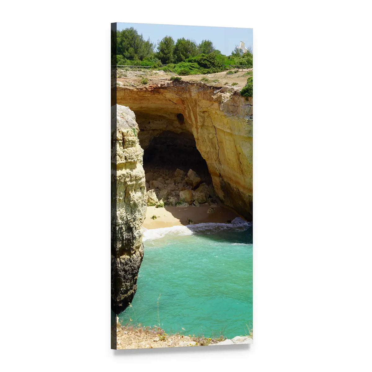 Turquoise Cove Beneath Golden Cliffs Vertical Canvas Wall Art, 1 panel 1 Vertical layout gallery wrapped canvas set, angled product view