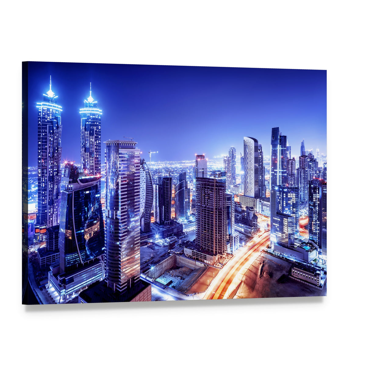 Dubai Downtown Night Scene Canvas Wall Art, single panel gallery wrapped canvas, angled product view