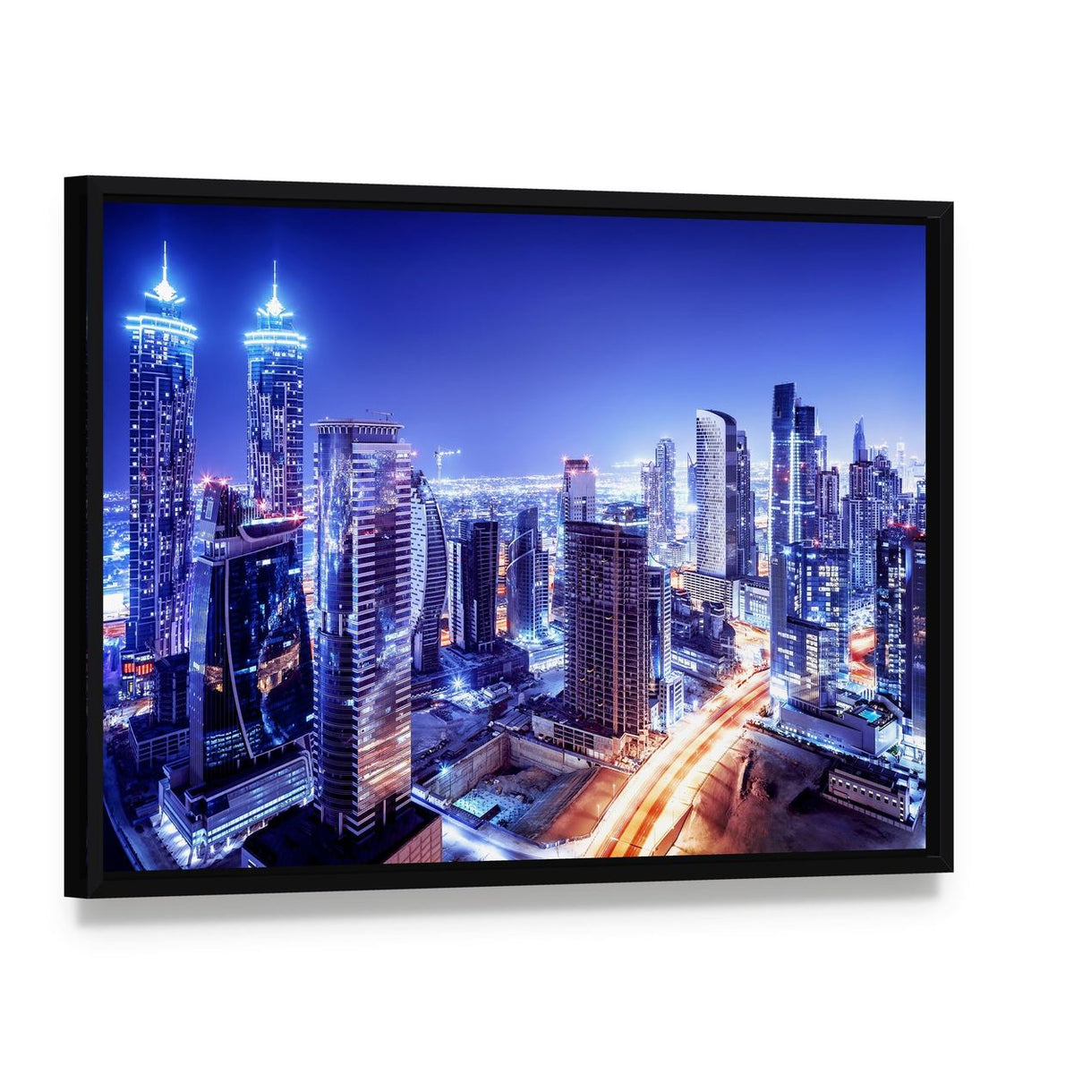Dubai Downtown Night Scene Canvas Wall Art, framed canvas in a black floater frame, angled product view