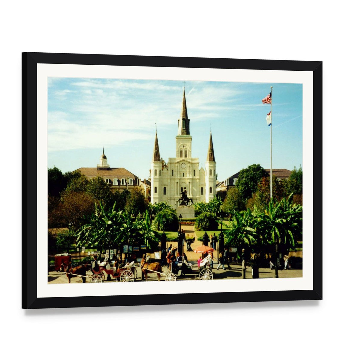 Jackson Square and St. Louis Cathedral Canvas Wall Art, framed print with white mat and black frame, angled product view