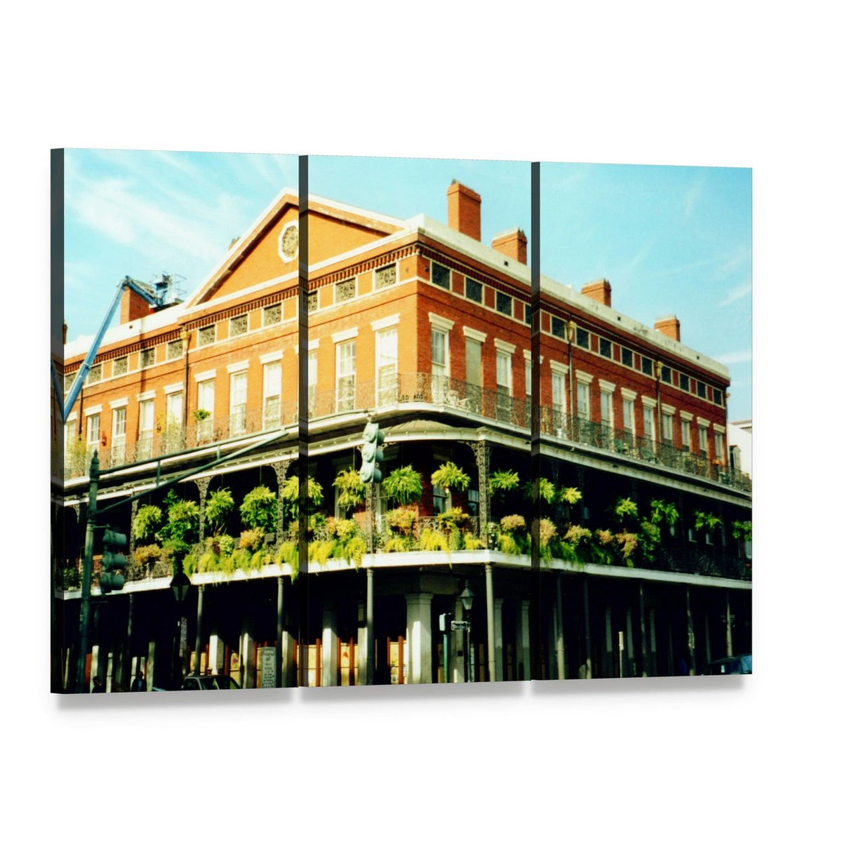 French Quarter Balconies, New Orleans Canvas Wall Art, 3 panel 3 Horizontal layout gallery wrapped canvas set, angled product view