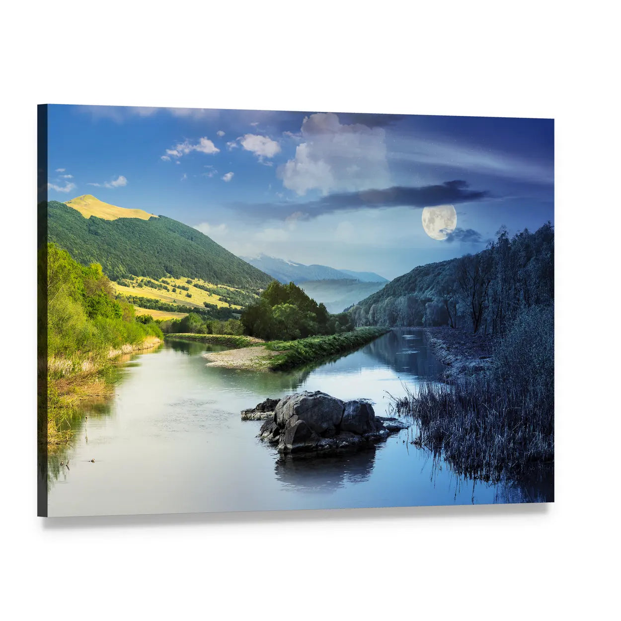Mountain River Day-to-night Collage Canvas Wall Art, single panel gallery wrapped canvas, angled product view