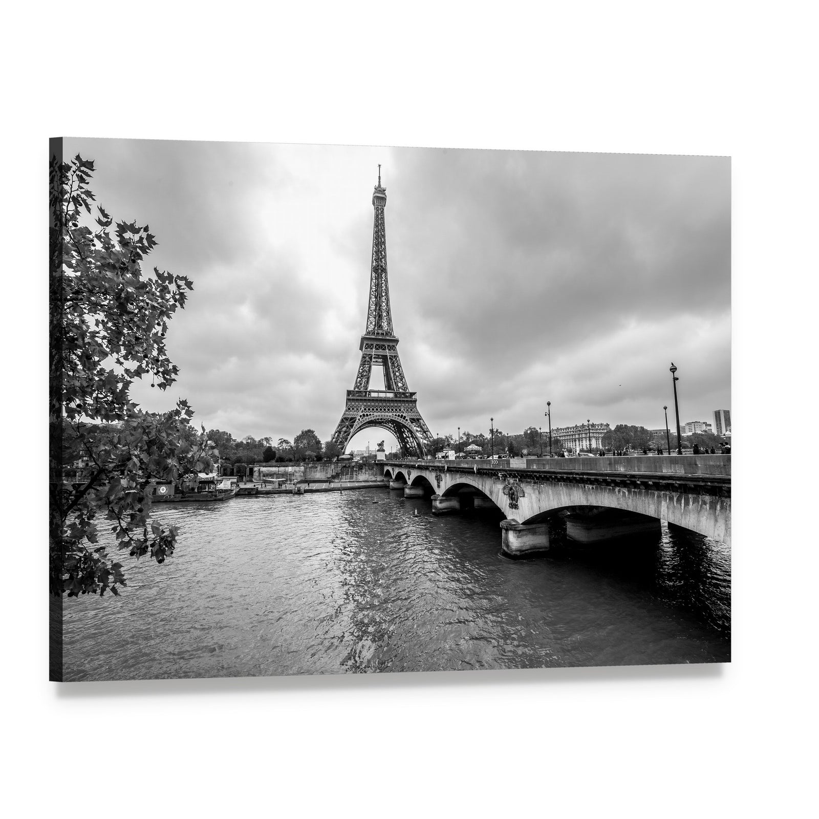 Eiffel Tower from Seine River Canvas Wall Art, single panel gallery wrapped canvas, angled product view