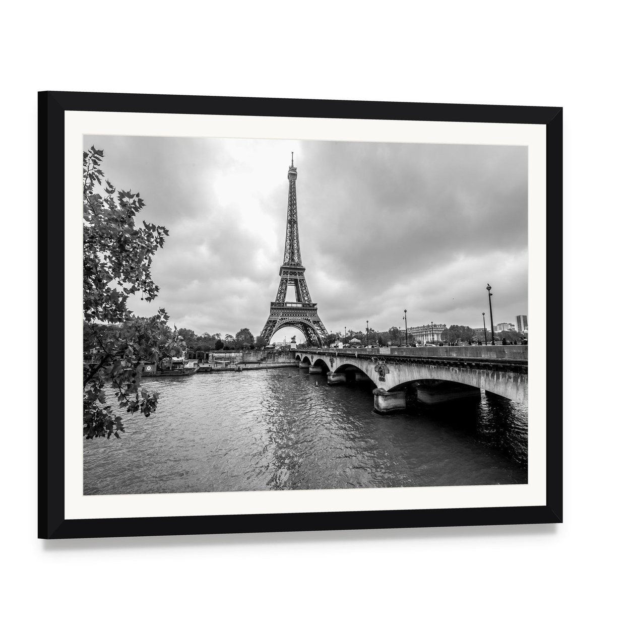 Eiffel Tower from Seine River Canvas Wall Art, framed print with white mat and black frame, angled product view