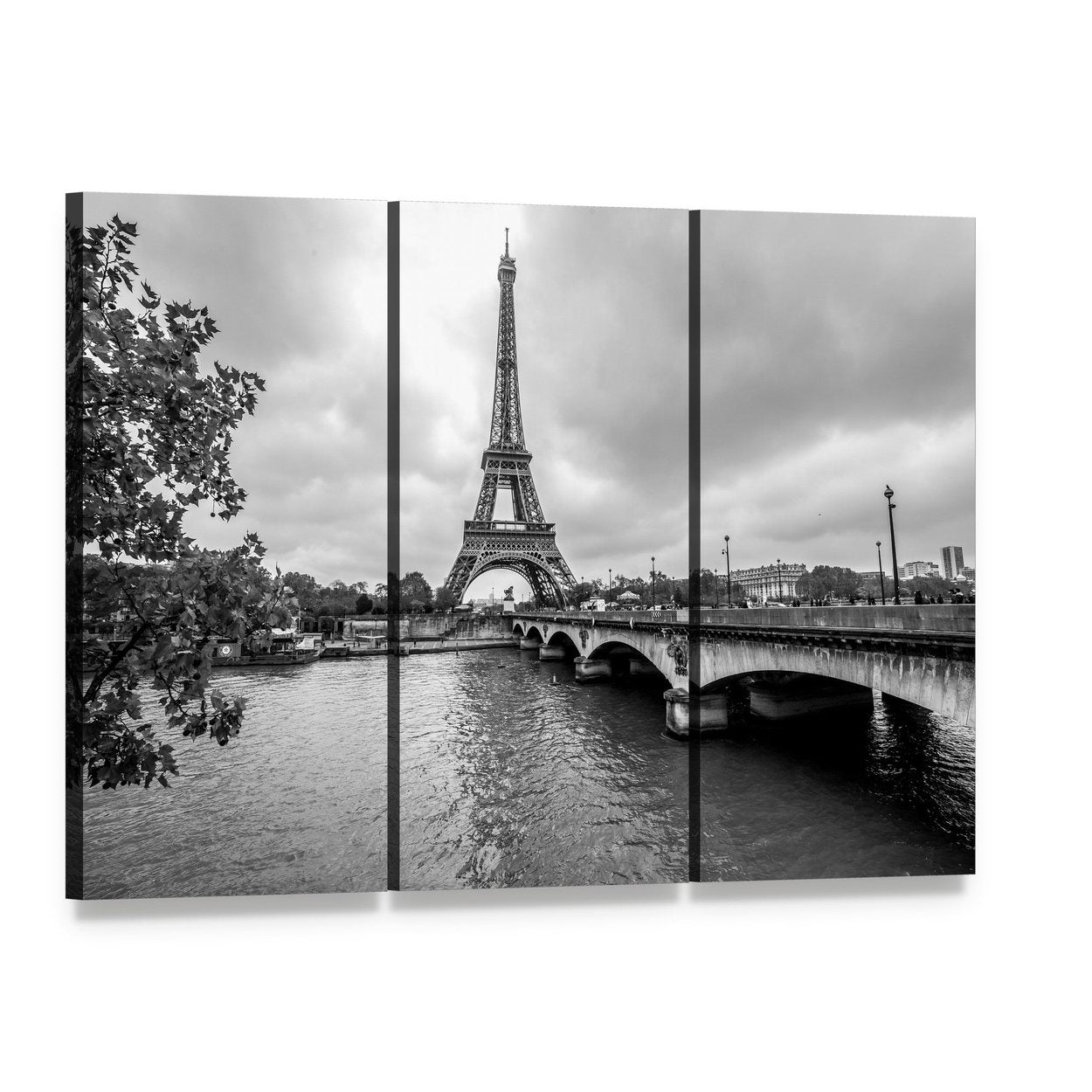 Eiffel Tower from Seine River Canvas Wall Art, 3 panel 3 Horizontal layout gallery wrapped canvas set, angled product view
