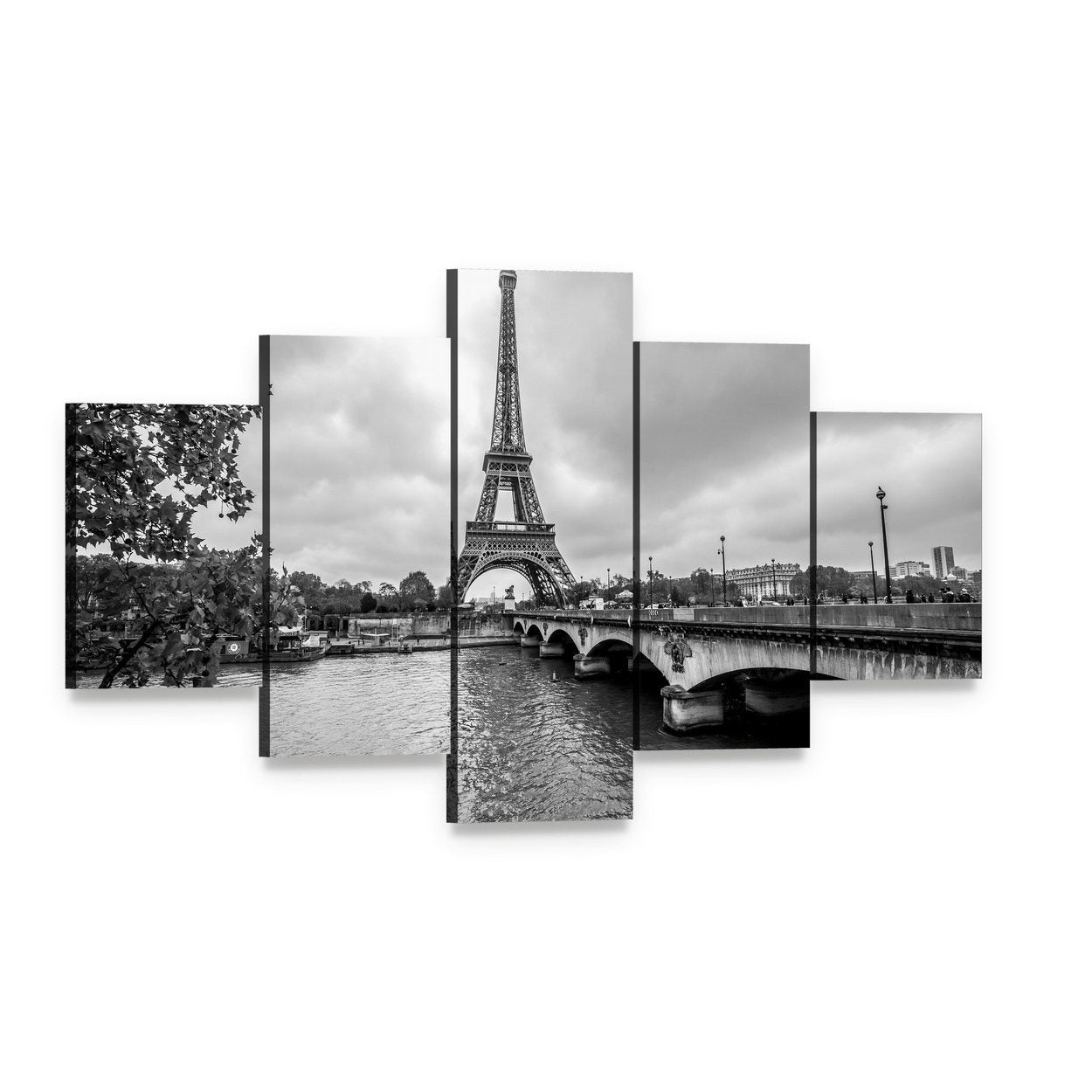 Eiffel Tower from Seine River Canvas Wall Art, 5 panel 5 Star layout gallery wrapped canvas set, angled product view
