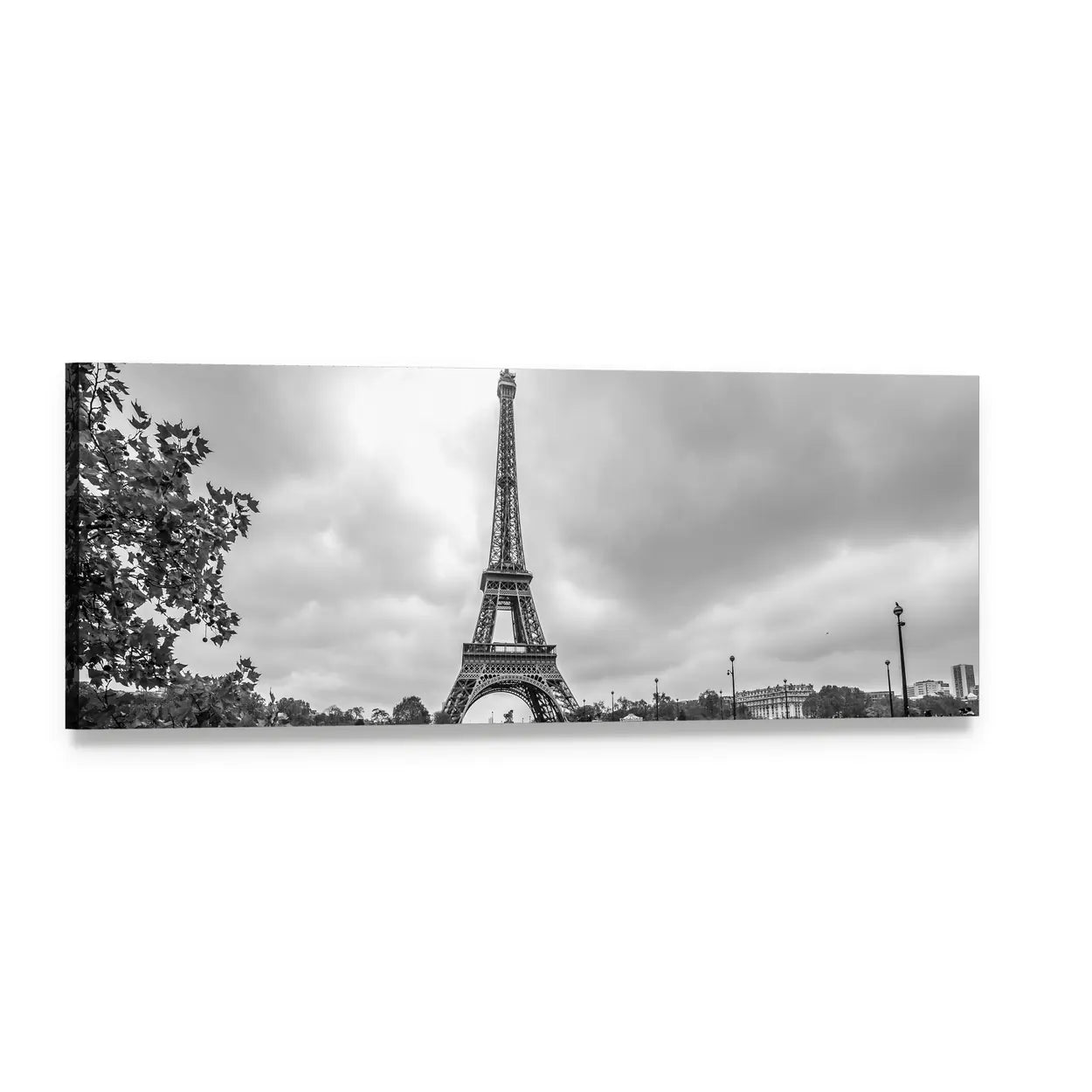 Eiffel Tower from the Seine Panoramic Canvas Wall Art, single panel gallery wrapped canvas, angled product view