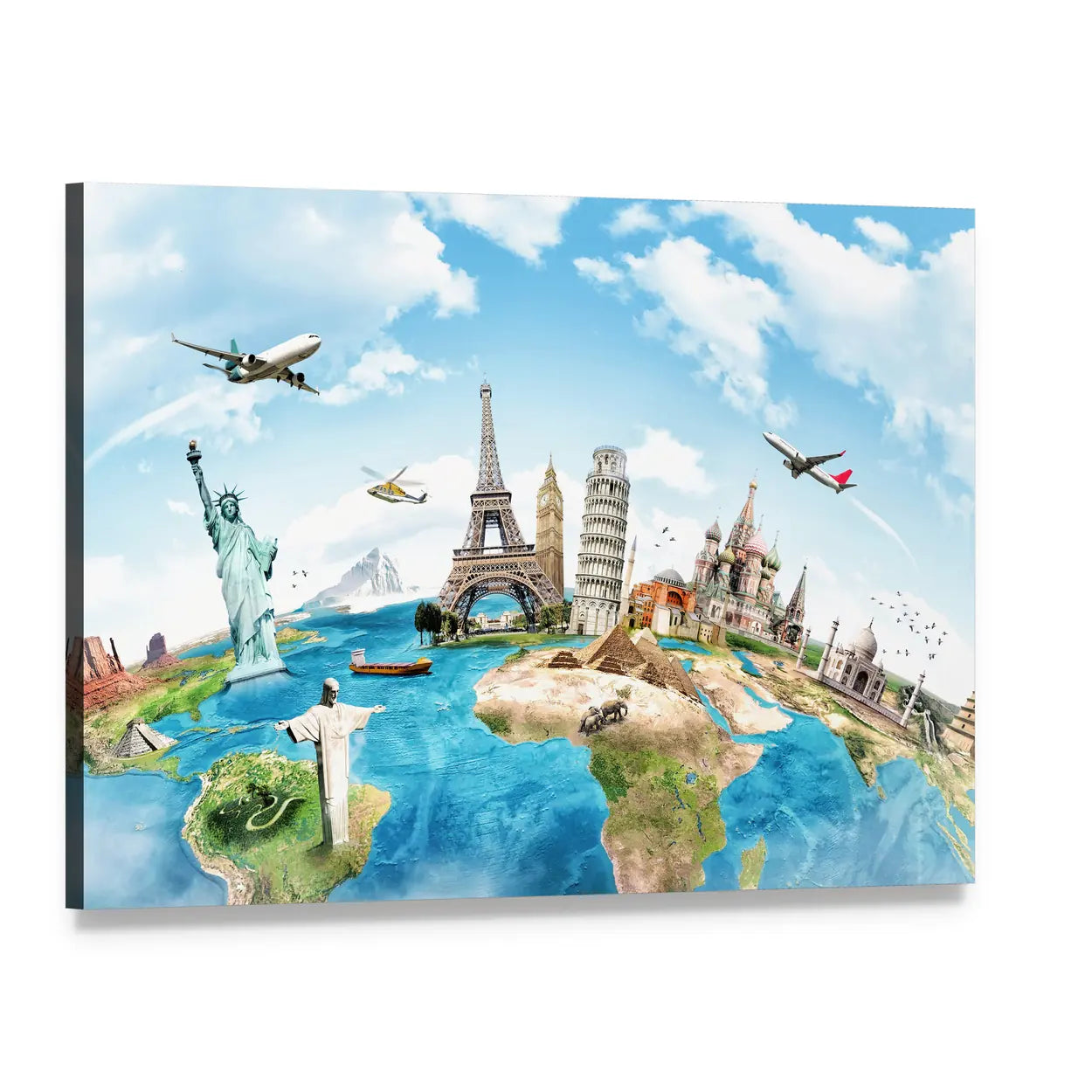 World Monuments Map Collage Canvas Wall Art, single panel gallery wrapped canvas, angled product view