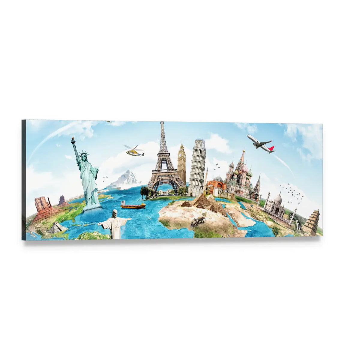 World Landmarks Collage Panoramic Canvas Wall Art, single panel gallery wrapped canvas, angled product view