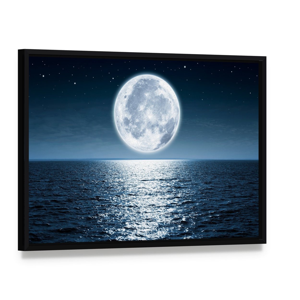 Ocean Moonlight Reflection Canvas Wall Art, framed canvas in a black floater frame, angled product view