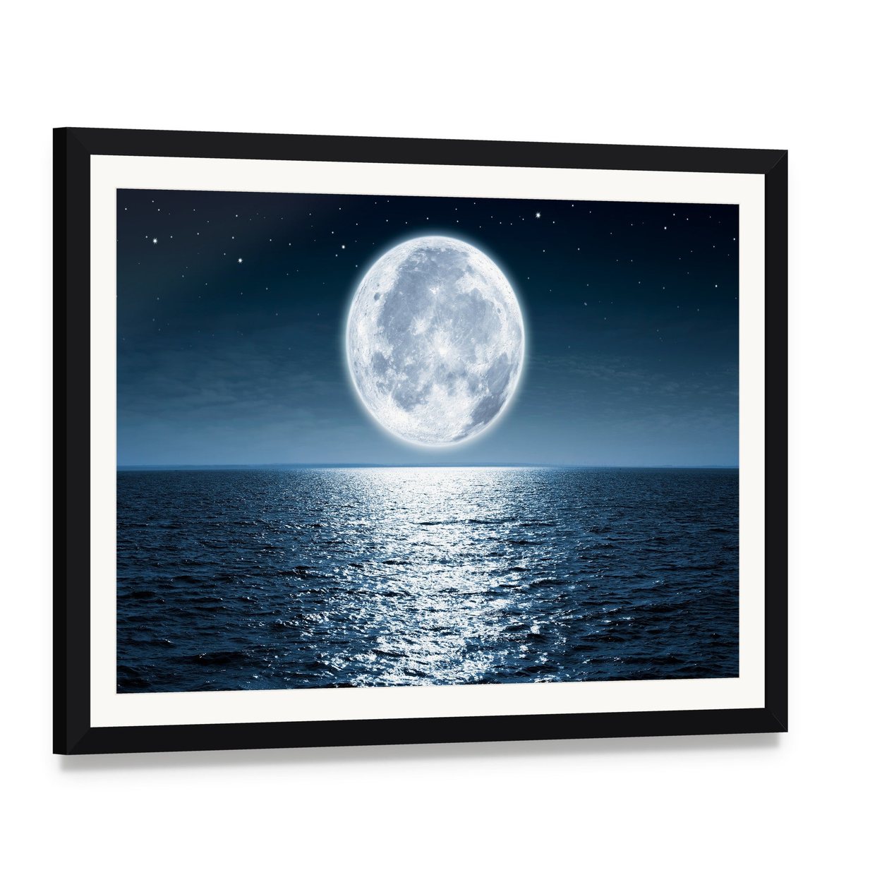 Ocean Moonlight Reflection Canvas Wall Art, framed print with white mat and black frame, angled product view
