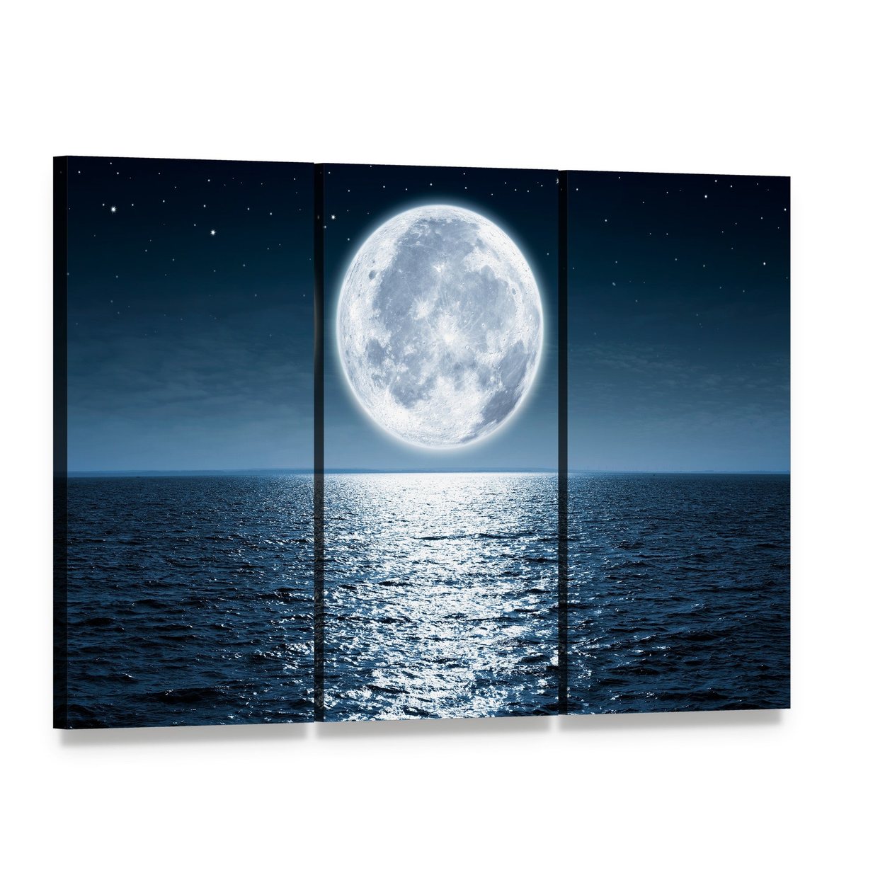Ocean Moonlight Reflection Canvas Wall Art, 3 panel 3 Horizontal layout gallery wrapped canvas set, angled product view