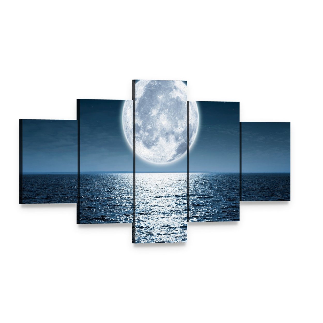 Ocean Moonlight Reflection Canvas Wall Art, 5 panel 5 Star layout gallery wrapped canvas set, angled product view