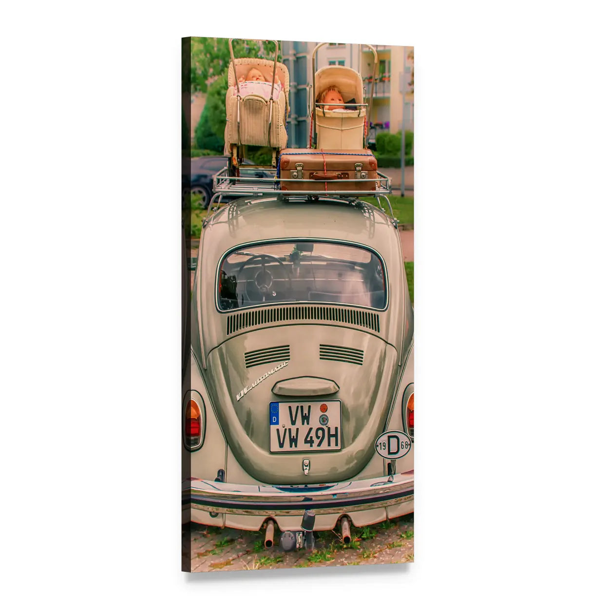 Vintage Volkswagen Beetle with Luggage and Stroller Vertical Canvas Wall Art, 1 panel 1 Vertical layout gallery wrapped canvas set, angled product view