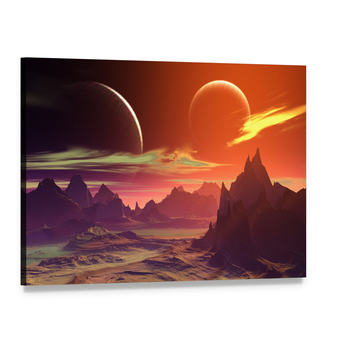 Alien Planet with Twin Moons and Partially Eclipsed Moon Canvas Wall Art, single panel gallery wrapped canvas, angled product view